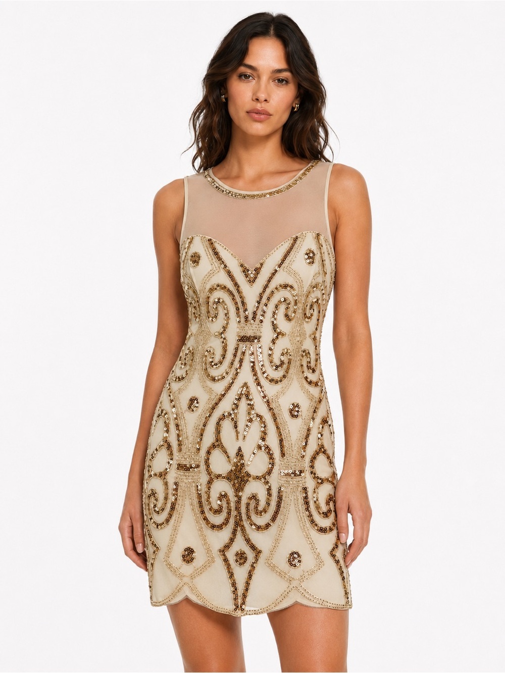 NWT VVMCURVE Gold Sequin Sheer Illusion Yoke Beaded Mini Party Dress M